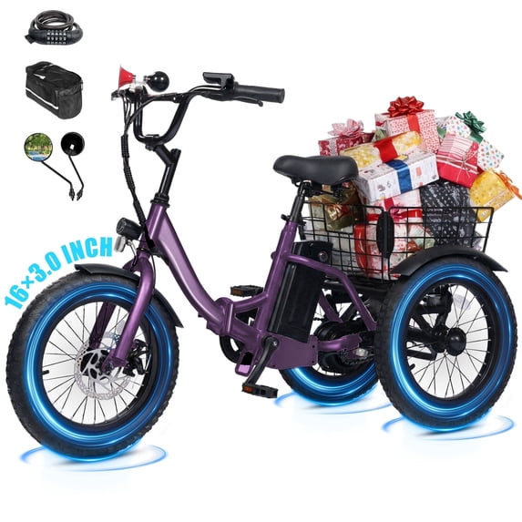 Electric Tricycle for Beginners – Folding 3-Wheel E-Bike with 16×3" Fat Tires, 500W Peak Motor, 302Wh Battery, Step-Through Frame, 12.5 MPH, Purple with Lock, Phone Bag & Mirror