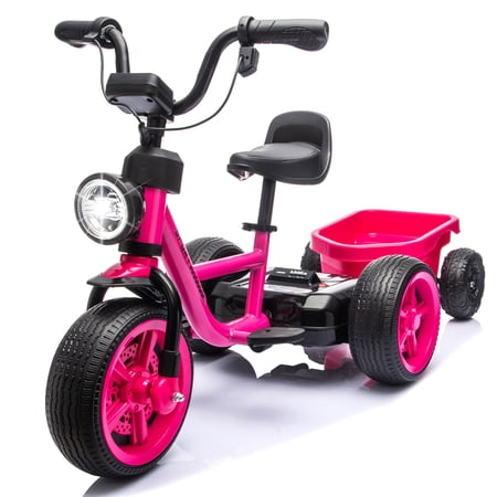 Electric Tricycle for Toddlers 2-5 Year Old, Kids Electric Bike Outdoor Ride on Toys, Trike with LED Light, Adjustable Seat, Large Rear Basket, Birthday Gift for Kids - Pink