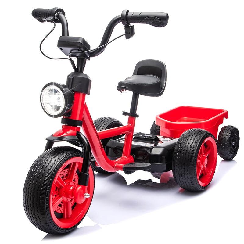 Electric Tricycle for Toddlers 2-5 Year Old, Kids Electric Bike Outdoor Ride on Toys, Trike with LED Light, Adjustable Seat, Large Rear Basket, Birthday Gift for Kids - Red