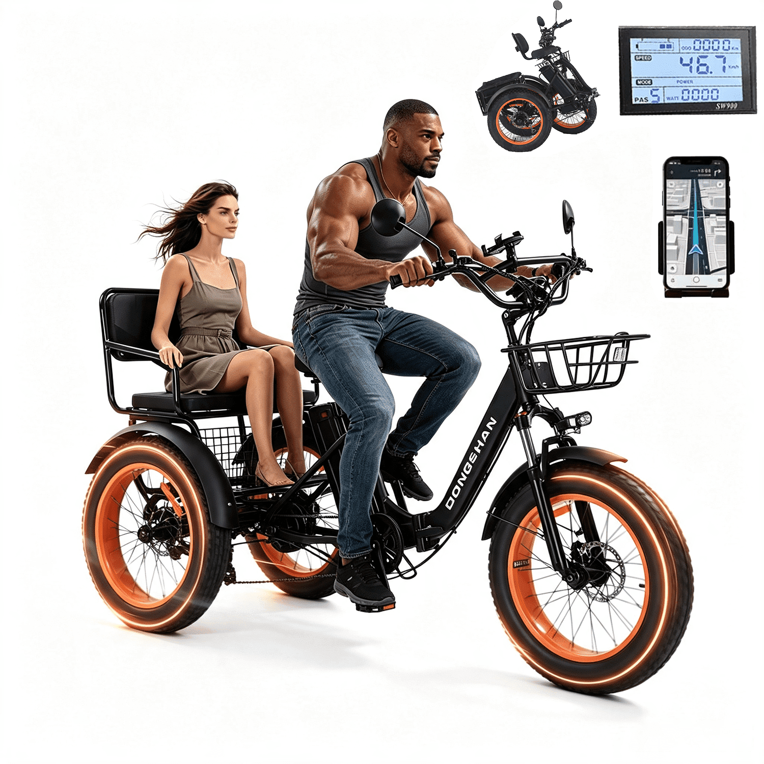 Electric Tricycle with Wide Tires, Electric Tricycle with Passenger Seat, Low Step-Through Cruiser Bike 48V 15Ah Peak 1350W 3 Wheel Ebike Aluminum alloy frame with Removable Battery 7-Speed Tricycle