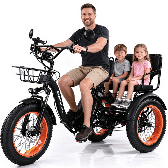 Electric Tricycle with Wide Tires, Electric Tricycle with Passenger Seat, Low Step-Through Cruiser Bike 48V 15Ah Peak 1350W 3 Wheel Ebike Aluminum alloy frame with Removable Battery 7-Speed Tricycle