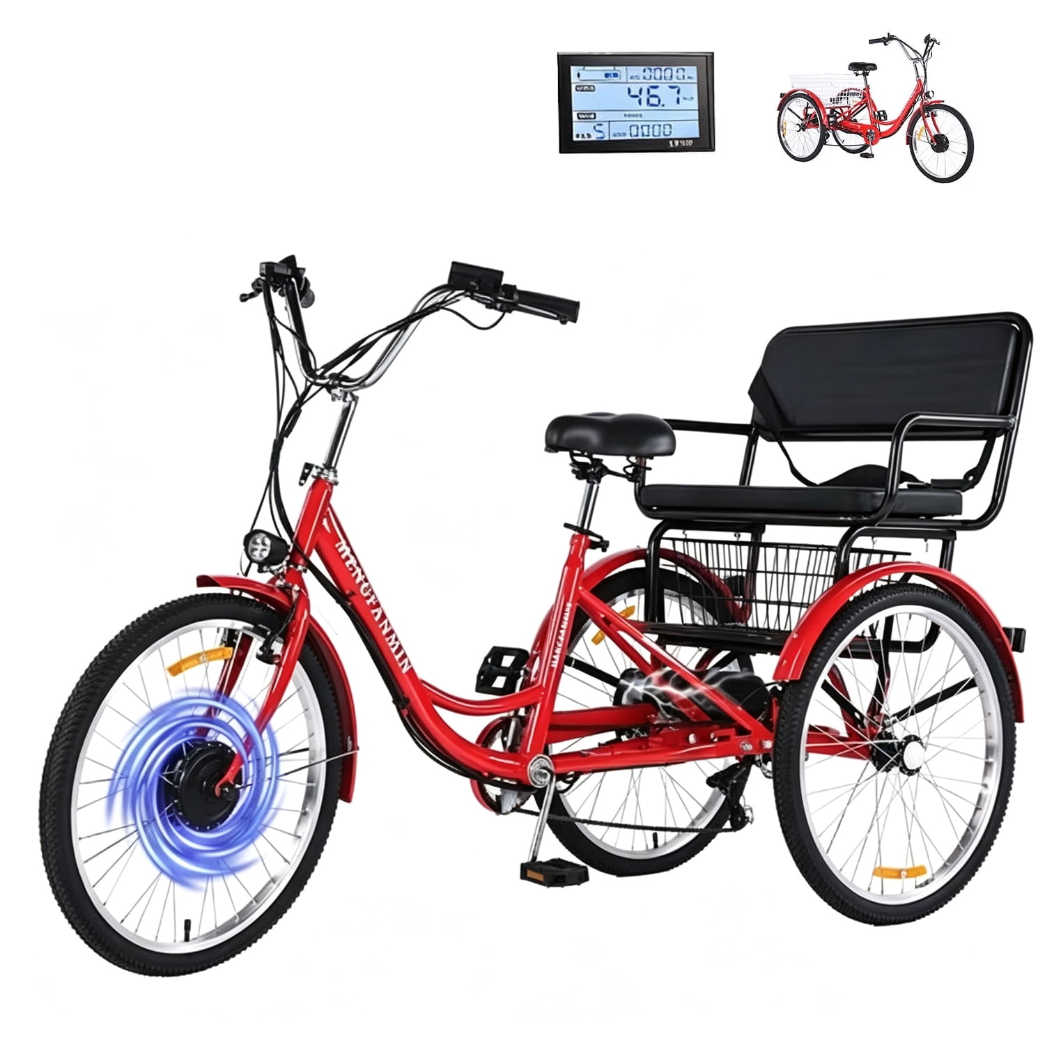 MENGFANMIN Electric Tricycle for Adults,3 Wheel Trike Ebike 24 Inch,Peak 700w Brushless Motor,36V13AH Li-Battery,Tricycles Up to 28 Miles with Seat and Baskets