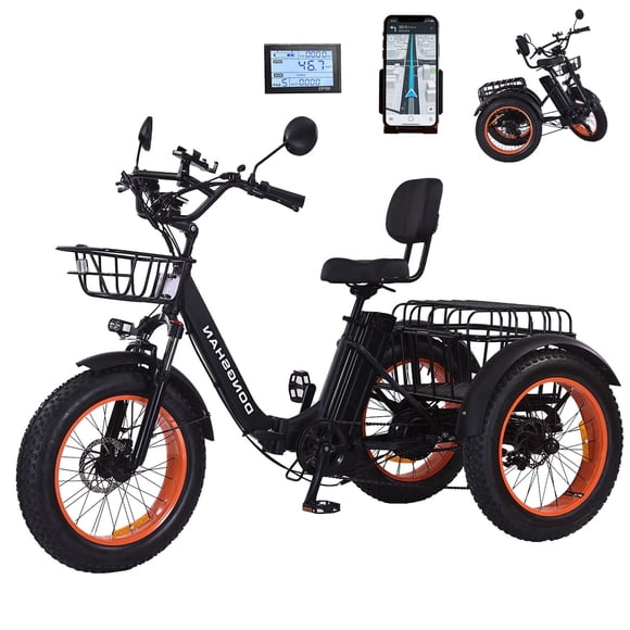 MENGFANMIN Electric Tricycle for Adults,Electric Peak 1350W Trike 3 Wheel 20”x4.0”Fat Tire , 48V15Ah Removable Battery,Folding Trike Ebike With Basket