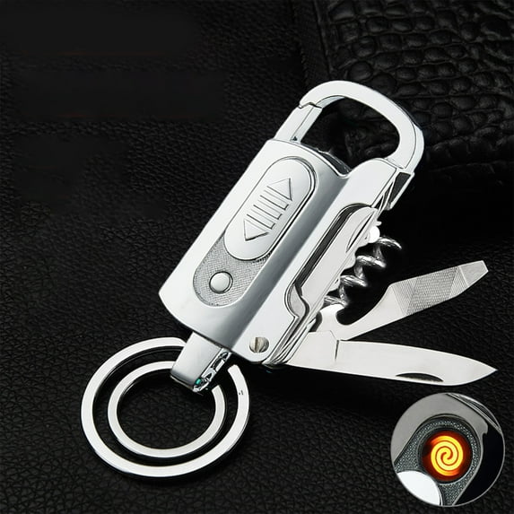 Electric USB Keychain,Silver (LED Power,Type-C) Rechargeable Lighter Outdoor Windproof