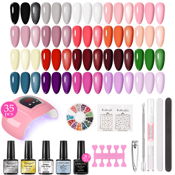 Gel Nail Polish Kit with UV Light, 35-Piece Set, 20 Gel Polishes, 4 Base & Top Coats, Glitter Nail Decorations, DIY Gel Manicure Kit