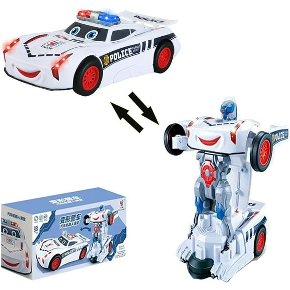 Electric Universal Deformation Police Toy Car, Transforming Robot Police Car, Electric Universal Deformation Car Toy, Transforming Police Car Toy with Light and Siren-White Police car