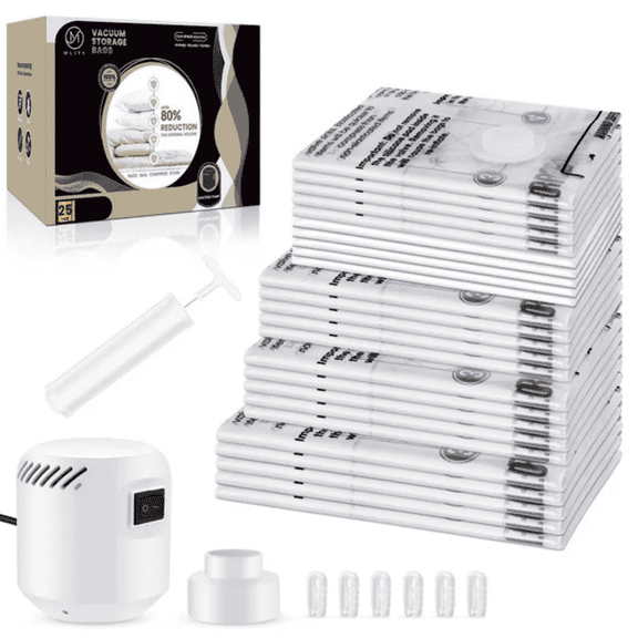 Electric Vacuum Storage Bags, 25-Pack Space Saver Bags for Clothes, Bedding & Travel – Variety Sizes