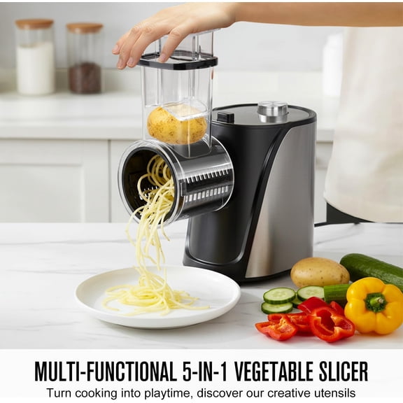 Electric Vegetables Slicer Cheese Shredder, 5-in-1 250W Professional Automatic Salad Fruits Maker Shooter Chopper Machine Kitchen Cutter Grater Food Processor with 5 Different Blades