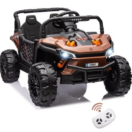 Electric Vehicle Ride on Car for Boys Girls, 12V UTV Truck Kids Powered Ride on Toys with 4 Wheeler, Remote Control, Spring Suspension, LED Lights, MP3 Player, Brown