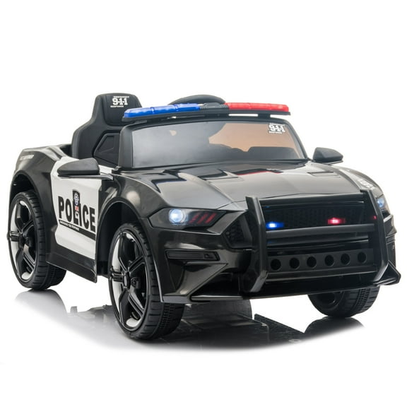 Electric Vehicle for Boys, 12v Remote Control Ride On Police Car with Led Lights, Spring Suspension, Siren, Birthday Holiday Gift Black Ride On Toys