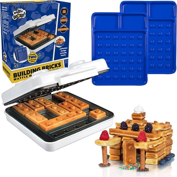 Electric Waffle Maker with 2 Construction Eating Plates- Cook Buildable House or Car Waffles, Pancakes in Minutes- Fun Breakfast for Kids Adults- Stack & Build on Serving Dish, Unique Gift