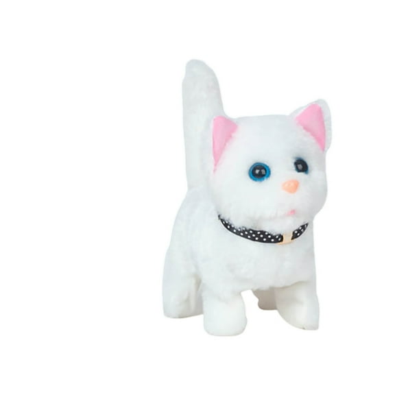 Electric Walking Plush Cat Toy Interactive Nodding & Wagging Tail Cat with Realistic Sounds for Kids, Babies, Party & Holiday Gift, White