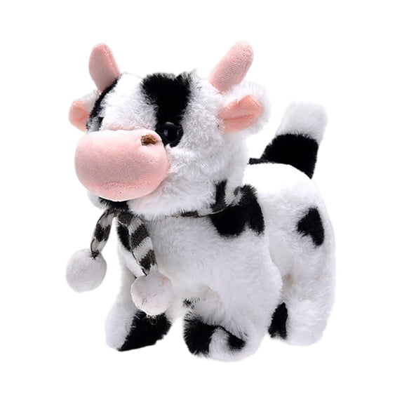 Electric Walking Plush Cow with Sound, Animated Animal Figurine with Scarf, Battery Operated Moving Cow for Desktop Decor, Spotted