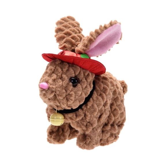 Electric Walking Rabbit Toy with Hat and Bell, Interactive Jumping Bunny with Moving Mouth and Shaking Ears, Realistic Plush Electronic Pet for Kids - Brown