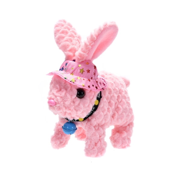 Electric Walking & Talking Bunny Plush Toy, 7.5" Interactive Jumping Rabbit with Hat & Bell, Battery Operated Animated Stuffed Animal for Toddlers, Great Birthday Gift (Pink)