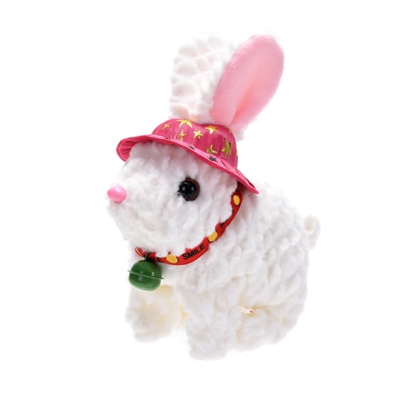 Electric Walking & Talking Bunny Plush Toy, 7.5" Interactive Jumping Rabbit with Hat & Bell, Battery Operated Animated Stuffed Animal for Toddlers, Great Birthday Gift (White)