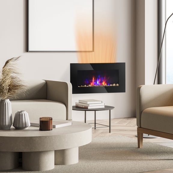 Electric Wall-Mounted Fireplace 28.5 Inch 1500W with Flame Effect, 7 Color Background Light, Black Tempered Glass, Indoor Fireplace Heater for Bedroom Living Room
