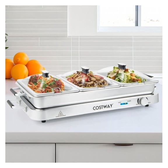 Electric Warming Tray 2 in 1, 8 Quart Food Warmer with Temperature Control, 3 Stainless Steel Trays, Silver