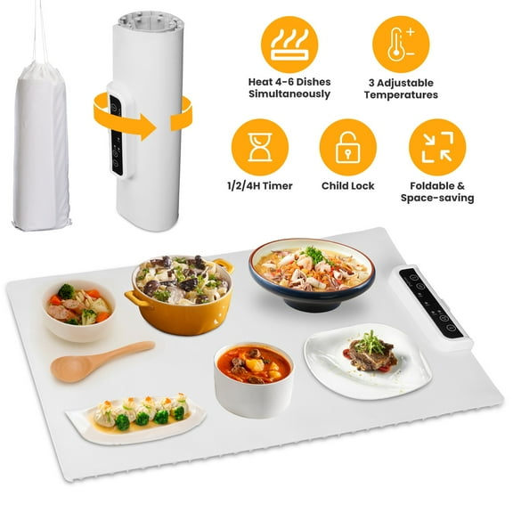 Electric Warming Tray - Foldable Food Warming Mat with 3 Temp Setting, 3 Auto Timer Settings Easy to Clean Silicone Graphene Material  for Buffet Party Thawing