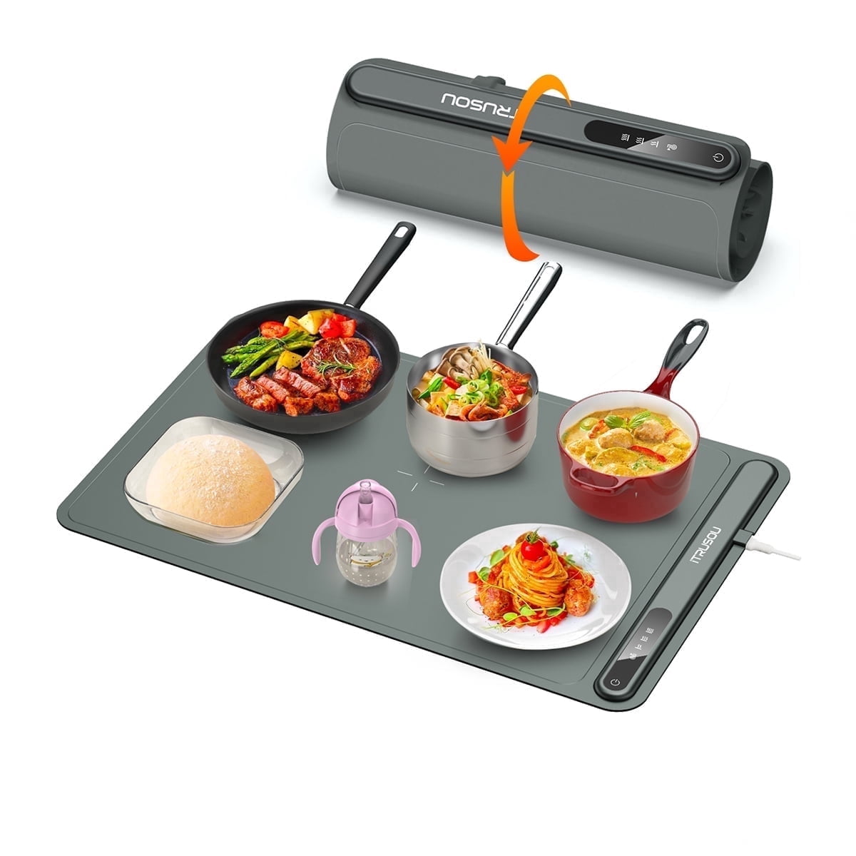 Bandeja calentadora eléctrica: calentamiento de superficie completa, enrollable y portátil, silicona premium con nanotecnología, 3 niveles de temperatura, apagado automático, versátil para reuniones, fiestas y uso diario