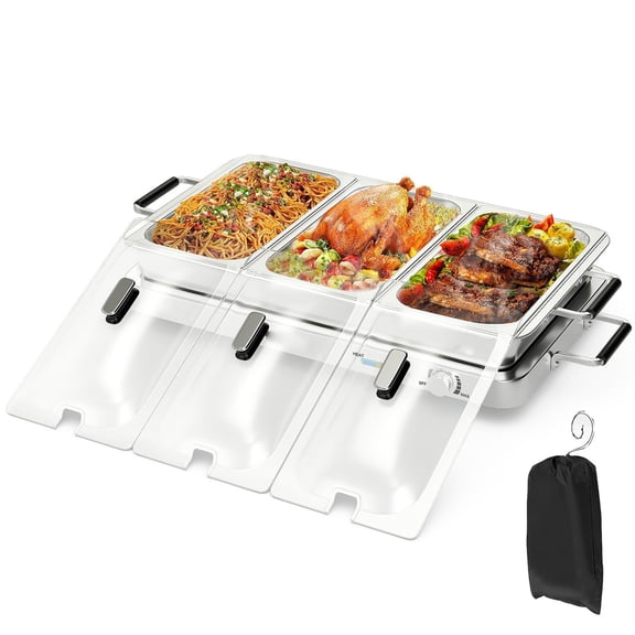 Electric Warming Tray with Temperature Control, 3 Stainless Steel Serving Trays, 8 Qt Buffet Warmer for Parties Banquets Events, Large Capacity Warmer, Silver