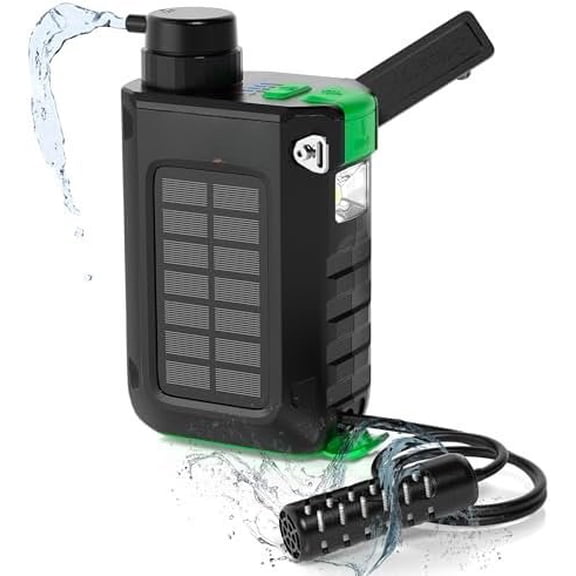 Electric Water Filter, 0.01 Micron Filtration System with Solar, Hand Crank Charger & LED Flashlight | Portable Pump for Camping Gear, Hiking & Kits