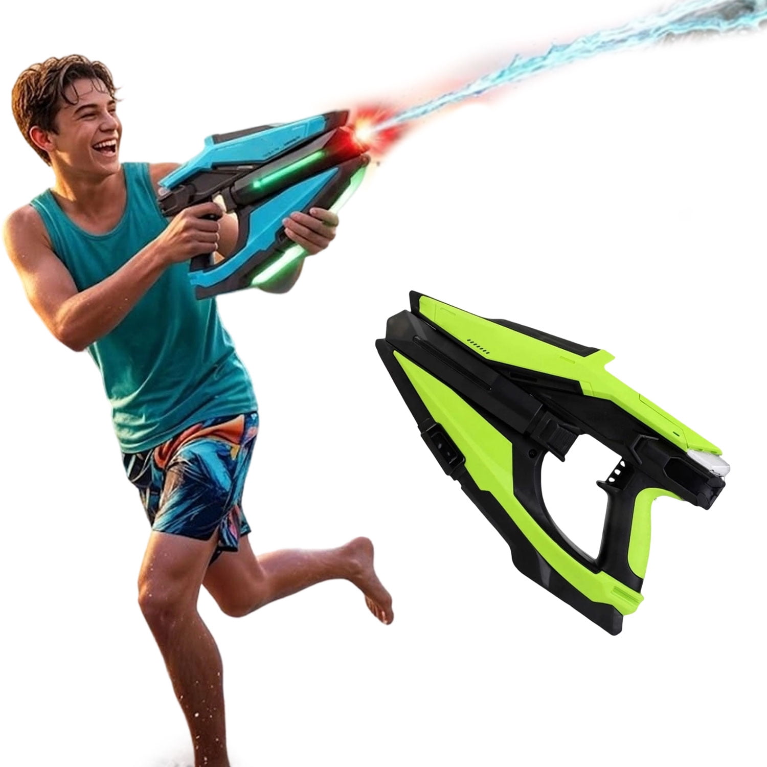 Electric Water Gun with LED & Mist Effects, Automatic Rechargeable Blaster with Futuristic Axe Design, Long Range for Summer Outdoor Fun