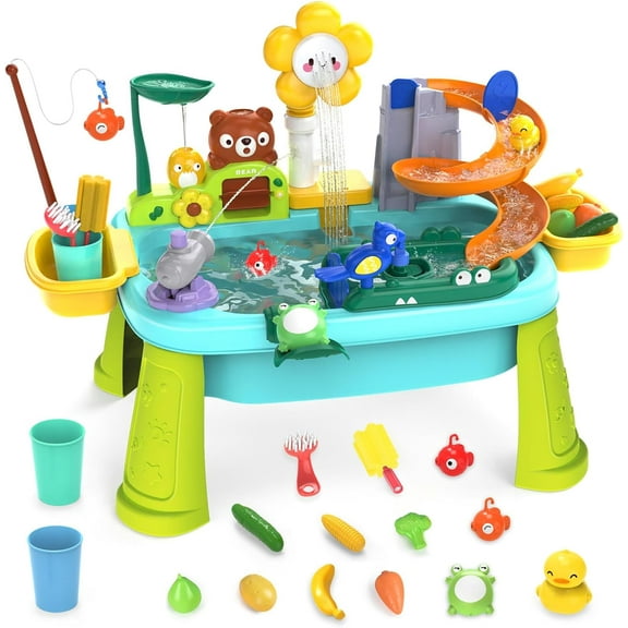 Electric Water Table for Toddlers with Pump & Fishing Game - 2-in-1 Sand & Water Play Table with Play Food, Outdoor Sensory Toys for Kids Ages 3-8, Summer Backyard Fun