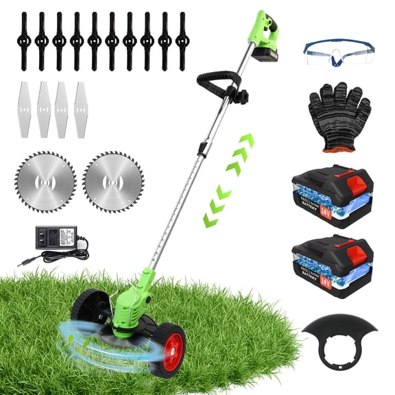 Electric Weed Eater, Cordless Grass String Trimmer with Wheels, Weed Trimmer, 2Battery+Charger, Green