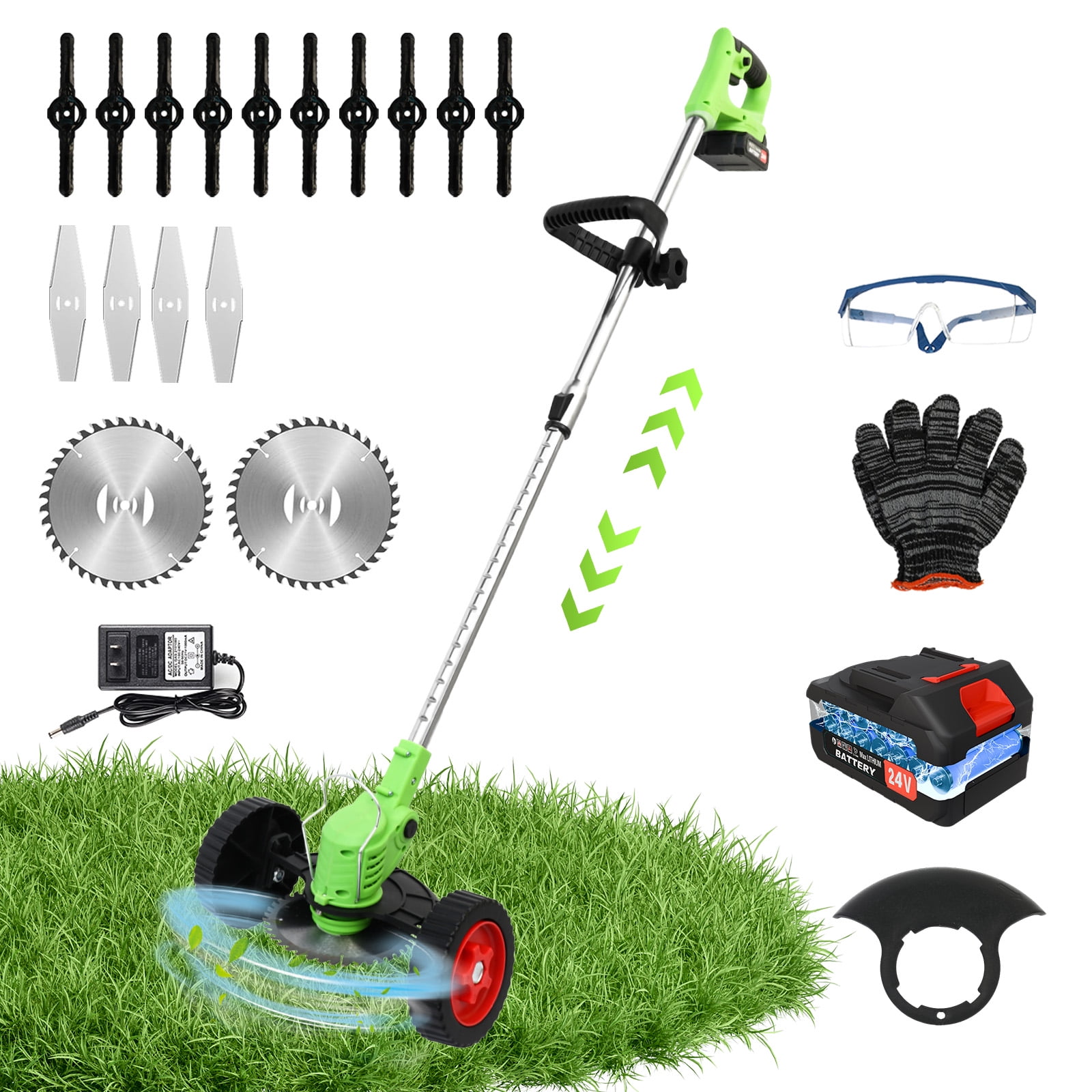 Electric Weed Eater, Cordless Grass String Trimmer with Wheels, Weed Trimmer, Battery+Charger, Green