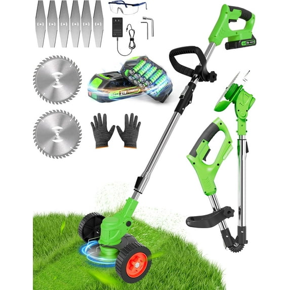 Electric Weed Eater, Foldable Cordless Weed Wacker Battery Powered, 2-in-1 Lightweight String Trimmer/Grass Trimmer/Brush Cutter with Adjustable Length & Blades, for Garden and Yard