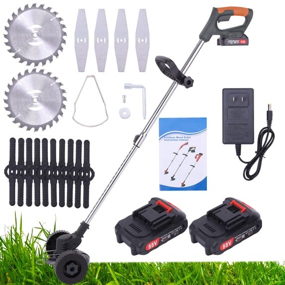 Electric Weed Eater Lawn Edger Cordless Grass String Trimmer Cutter with Wheels & 2 Batteries 88V