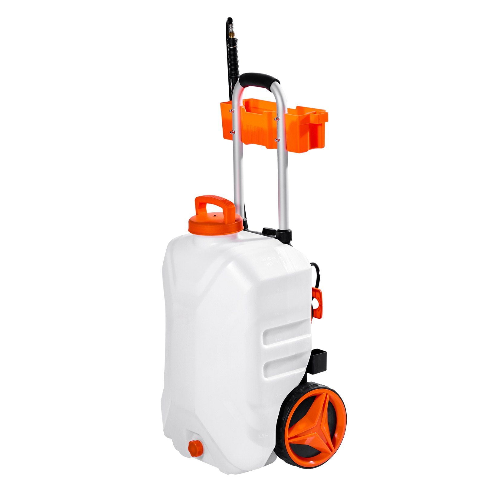 Electric Weed Sprayer 10 Gallon Battery Powered Adjustable Pressure 0-80 PSI 5 Nozzles 98 Foot Hose 3-6 Hour Spraying Time Wheeled Cart for Weeding and Cleaning
