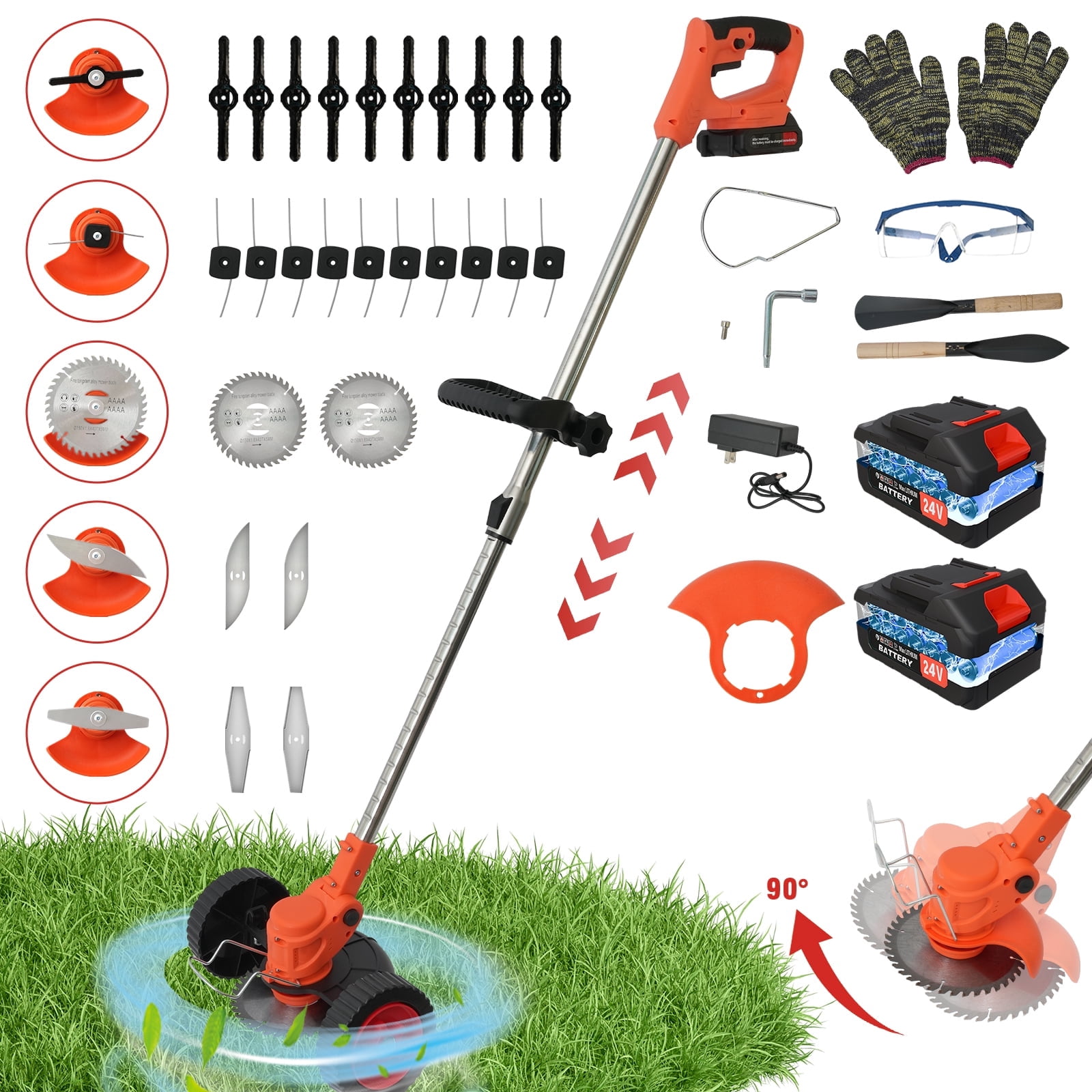 Electric Weed Trimmer 24V-2×2000mAh Cordless Design- Low Noise Weed Wacker for Lawns Garden & Patio (Orange)