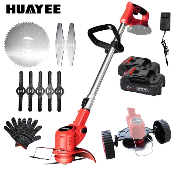 Electric Weed Wacker Cordless, 21V Lawn Mower Grass Edger, Foldable and Lightweight Grass Cutter with 2 Batteries, 3 Types Blade and Wheels, Weed Eater for Lawn, Yard and Bush Trimming