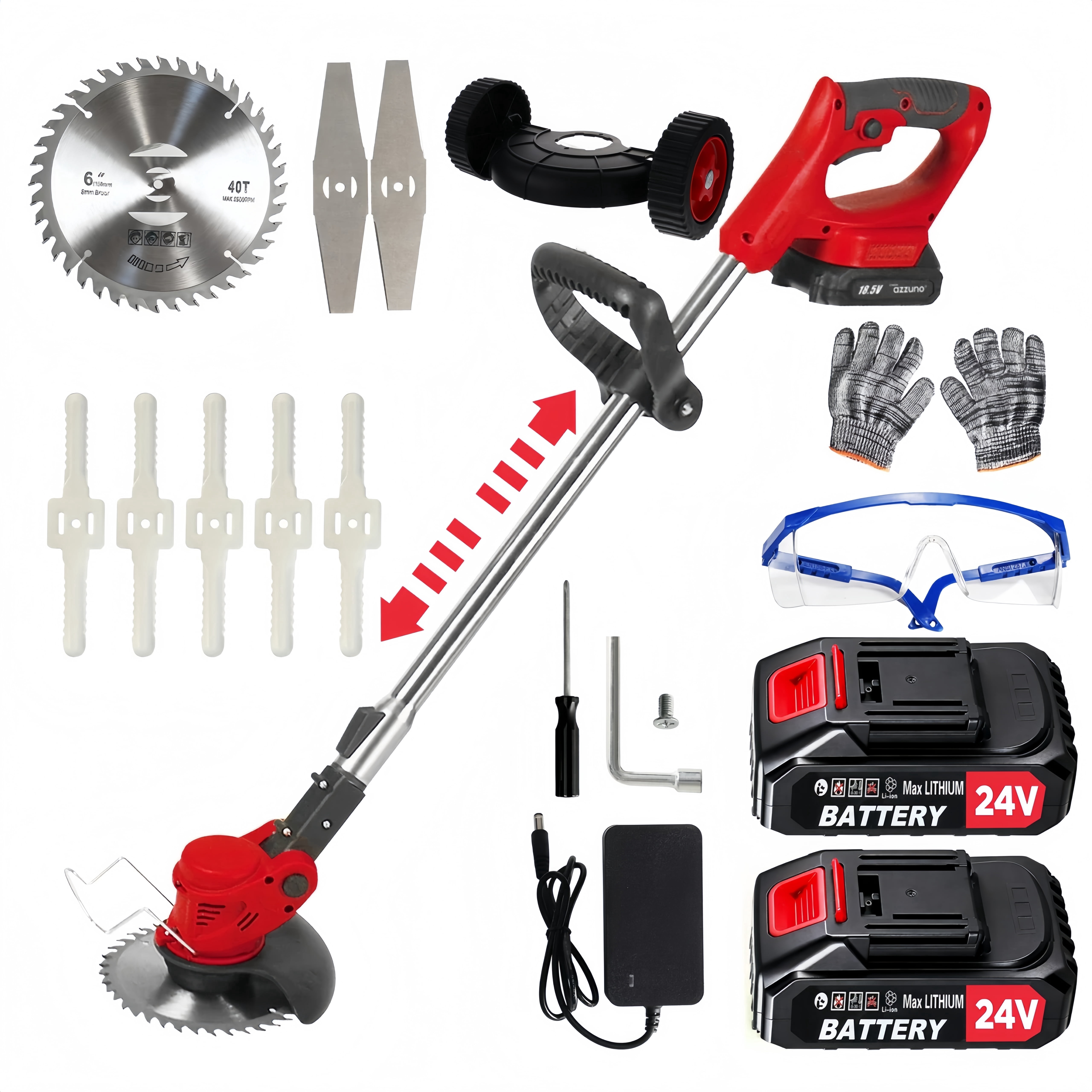 Electric Weed Wacker, Cordless String Trimmer with Wheels, 2Pcs 24V Batteries, 3 Types of Blades, Adjustable Length, Weed Eater Grass Trimmer/Edger/Brush Cutter for Lawn Yard Garden (Red)