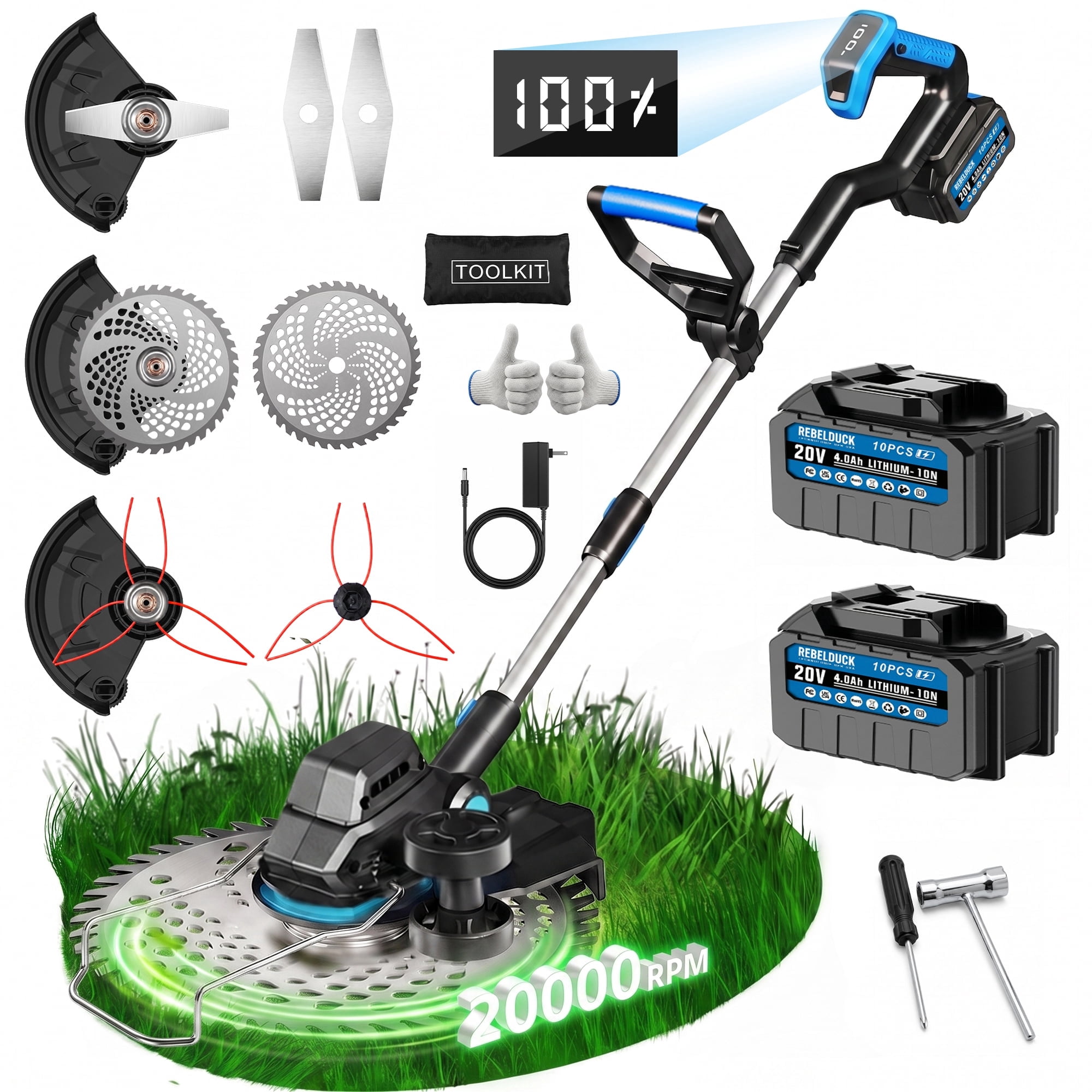 Cordless Electric Weed Wacker with 2 × 4.0Ah Batteries, Brushless Weed Eater, 3-in-1 Grass Trimmer & Lawn Mower, Multi-Functional Garden Tool