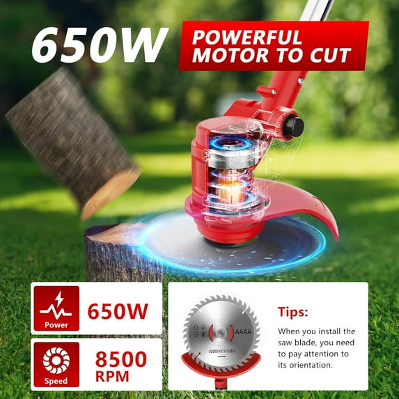 Electric Weed Wacker Cordless with Wheels, 21V 2×2000mAh Weed Eater Battery Powered, 6-inch Cordless String Trimmer with 3 Types of Blades, Electric Grass Trimmer, Lawn Edger, Mower for Yard, Garden