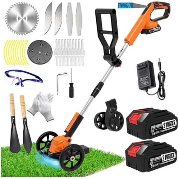 Electric Weed Wacker Eater Cordless Battery Powered, Weed Trimmer 21V Lightweight No-String with 2 Battery Operated & Wheels, 3 in 1 Stringless Grass Trimmer/Edger/Brush Cutter for Garden Yard Lawn