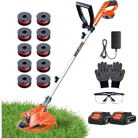 Electric Weed Wacker String Trimmer: 21V Cordless Weed Eater and Edger Battery Powered, 2 in 1 Lawn Tool with 12" Cutting Width, 2 x 2.0Ah Batteries and Charger Included, Eco Friendly Grass Cutter