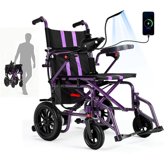 Electric Wheelchairs for Adults,Lightweight Foldable Wheelchair 15 Miles Long Travel Range, 360° Joystick Control Motorized Wheelchair, Support 286 lbs with LED Light Power Wheelchair (Purple)