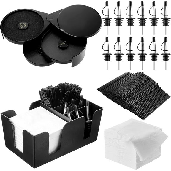 3 Tier Bar Glass Rimmer Bartender Tool with 12 Pcs Stainless Steel Classic Bottle Pourers, Bar Caddy with 6 Compartment, 1000 Pcs Coffee Cocktail Stirrers, 200 Napkins (Plastic)