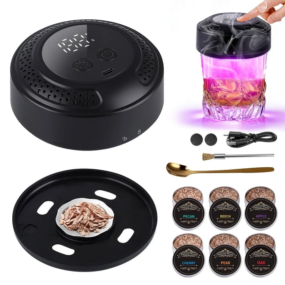 FDDAI Electric Whiskey Smoker Kit - Rechargeable Drink Smoker Set with LED Display, 6-Color Lights, 6 Wood Chips - Gifts for Men, Dad, Husband - Cocktail Smoker for Old Fashioned & Bourbon