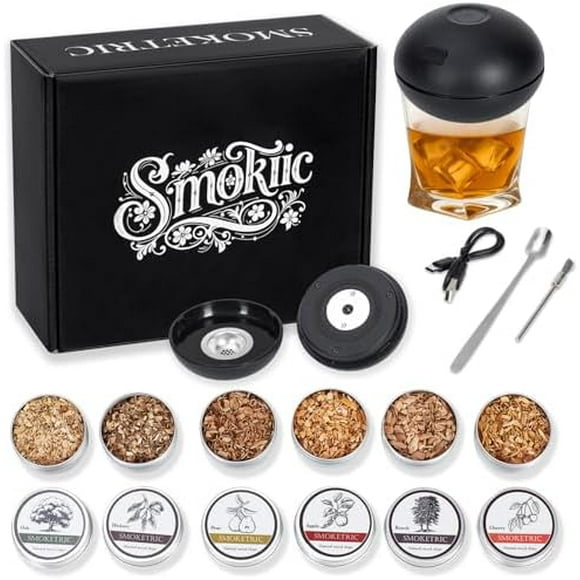 Electric Whiskey Smoker Kit Built-in Lighter - No Butane Needed - Rechargeable Cocktail Smoker Kit with 6 Wood Chips, Old Fashioned Drink Smoker Kit, Bourbon Whiskey Gifts for Men,Dad,Husband