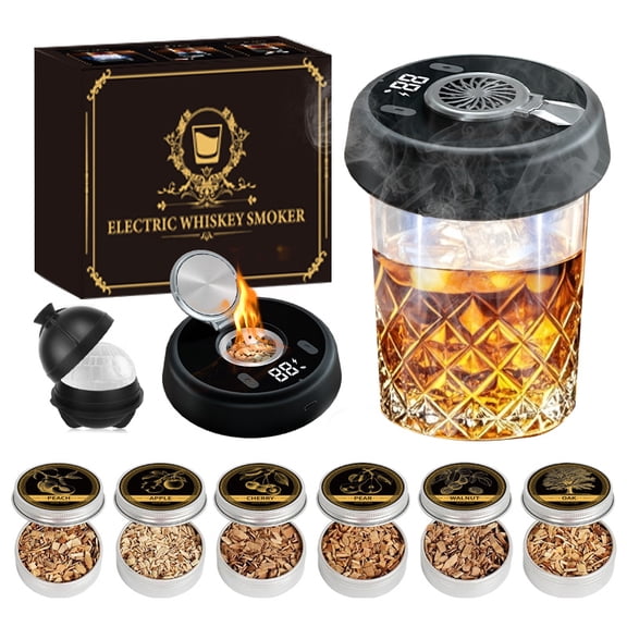 Electric Whiskey Smoker Kit Built-in Lighter, No Butane Needed, Rechargeable Cocktail Smoker Kit with 6 Wood Chips, Old Fashioned Drink Smoker Kit, Bourbon Whiskey Gifts for Men,Dad,Husband