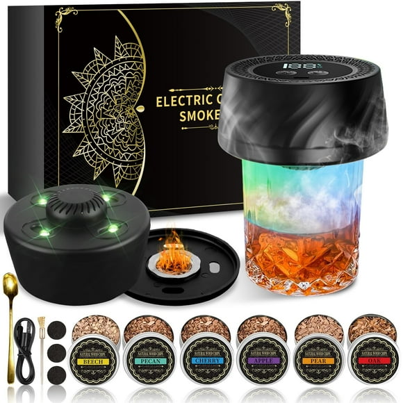 Electric Whiskey Smoker Kit Built-in Lighter, Stocking Stuffers Christmas White Elephant Gifts for Adults Men, Rechargeable Cocktail Old Fashioned Bourbon Smoker Kit with 6 Wood Chips No Butane Neede