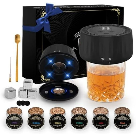 Electric Whiskey Smoker Kit with Led Lights, 4 Reusable Ice Cubes and 6 Flavors Natural Wood Chips, Old Fashioned Bourbon Smoker Kit for Home Bar, Bourbon Whiskey Gifts for Men, Dad, Husband