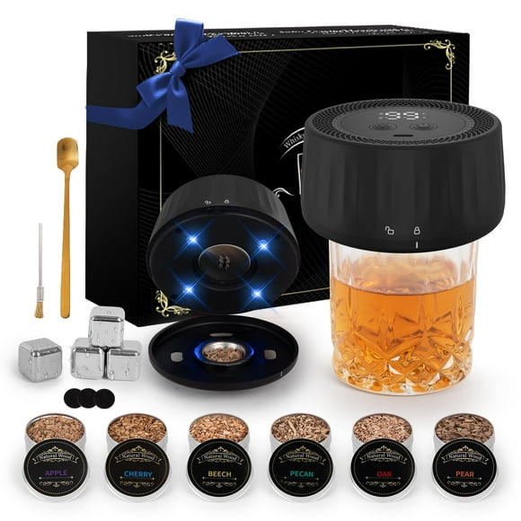 Electric Whiskey Smoker Kit with Led Lights, 4 Reusable Ice Cubes and 6 Flavors Natural Wood Chips, Old Fashioned Bourbon Smoker Kit for Home Bar, Bourbon Whiskey Gifts for Men, Dad, Husband
