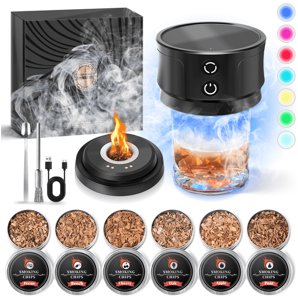 Electric Whiskey Smoker Kit with Lights: Portable Rechargeable Cocktail Infuser with 4 Wood Chips for Whiskey Bourbon Lovers - Premium Gifts for Men Dad Husband