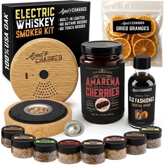 Electric Whiskey Smoker Kit - Premium Bundle include Amarena Cherries, Syrup, Orange Dried Slices and 8 Flavors Wood Chips - Old Fashioned Cocktail Smoker kit, Gifts for Men Dad